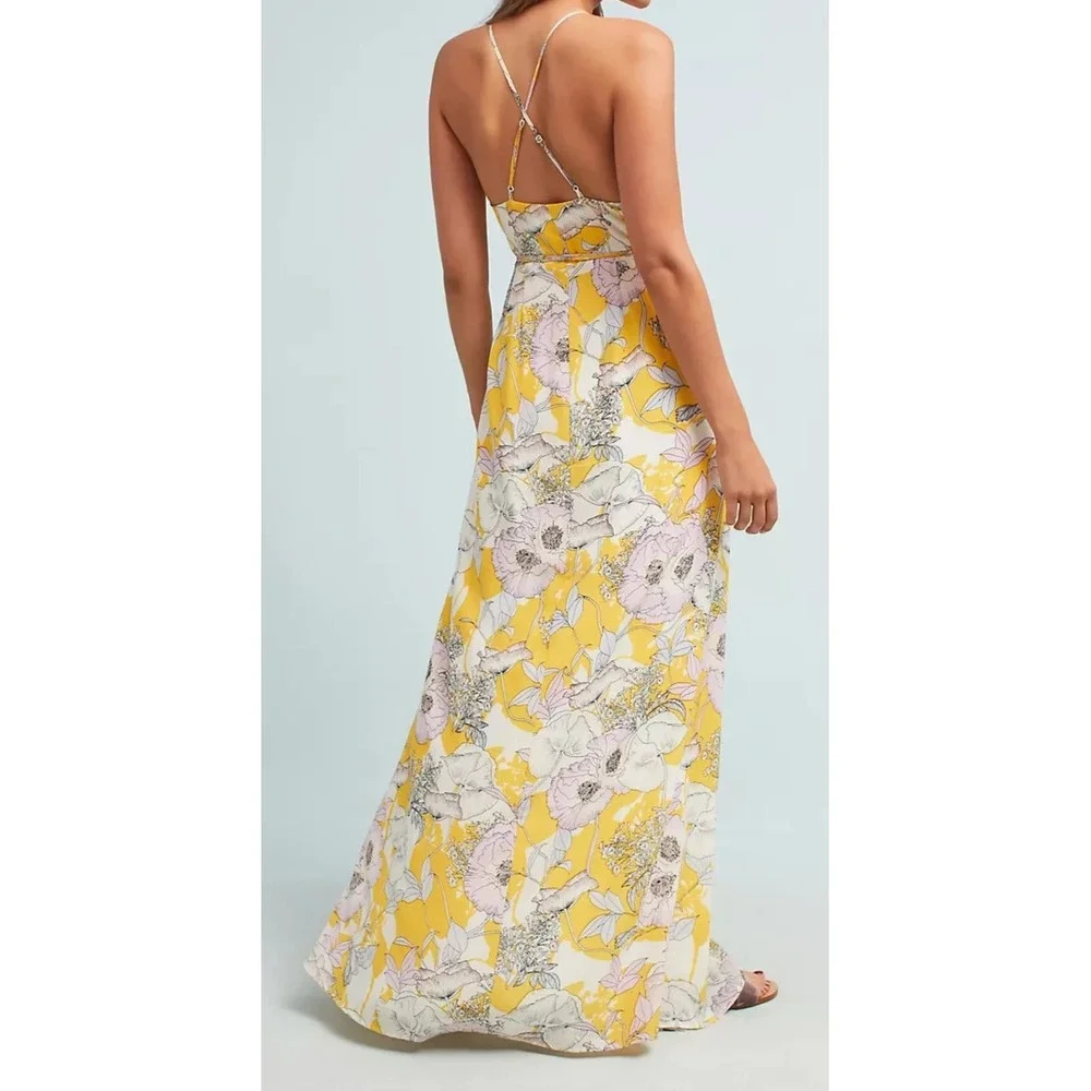 Yumi Kim Anthropologie Silk Floral Maxi Dress Rush Hour Wrap Tie Front Yellow XS - Picture 15 of 16